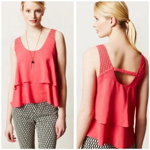 Anthro HD in Paris Olive Green Tiered Ruffle Crochet Lattice Lace Tank Blouse - Picture 3 of 7